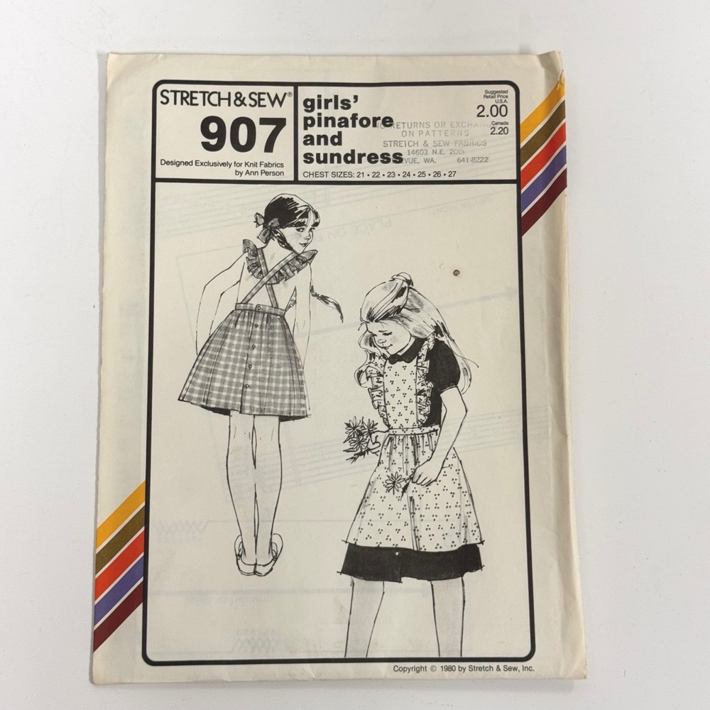 Stretch & Sew 907 Girls Pinafore Sundress Sewing Pattern Vintage 1980 UNCUT